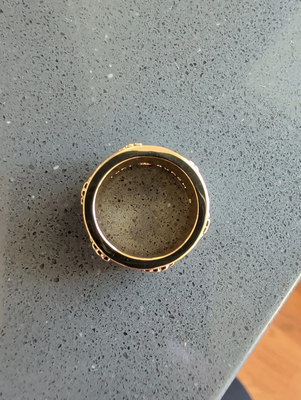 Tory Burch Yellow Gold Plated Enamel Band Ring White Logo Design Sz 7.75 - W49